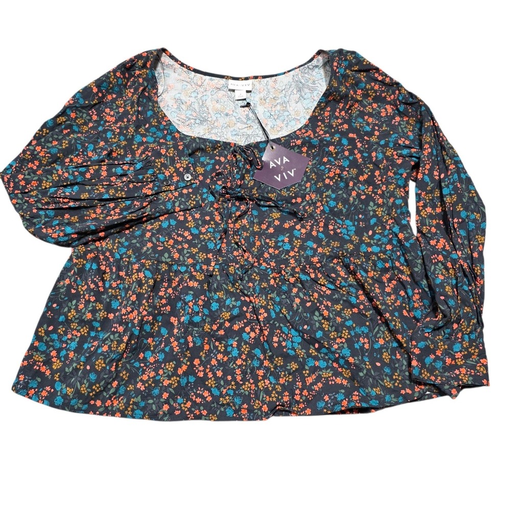 NEW Ava & Viv Peplum Blouse X Black Floral Tie Neck Long Sleeve Cotton Rayon